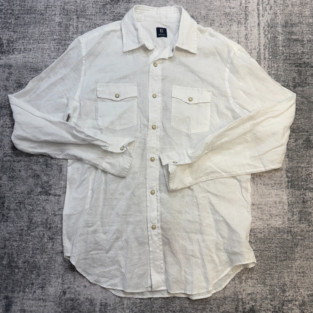 Boggi Milano Shirt Mens Medium White French Linen Pearl Snap Preppy Western NEW